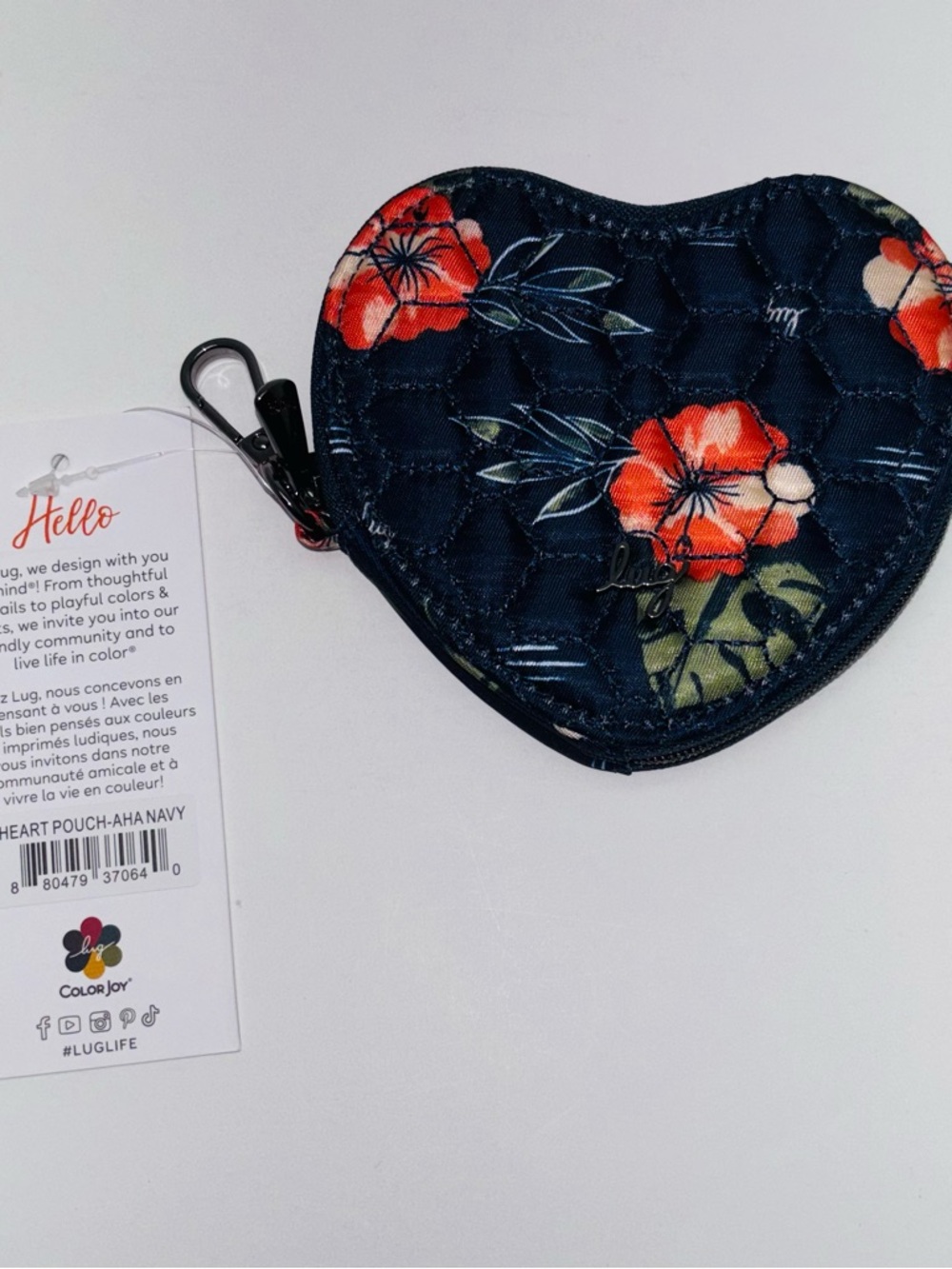 NWT Lug HEART POUCH in ALOHA NAVY Orange Floral Zippered Key & Card Holder